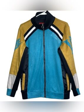 Vie Riche Paris Mens Track Jacket Black Yellow Aqua Satin Panel Full Zip Sz Sm
